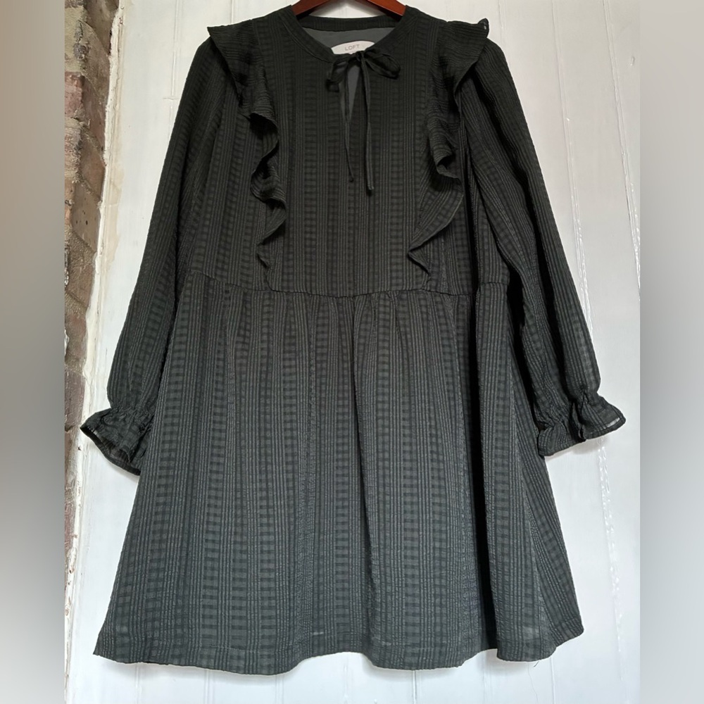 LOFT Black/Gray Plaid Ruffle Babydoll Dress, Tie Neck, Lined, XLP